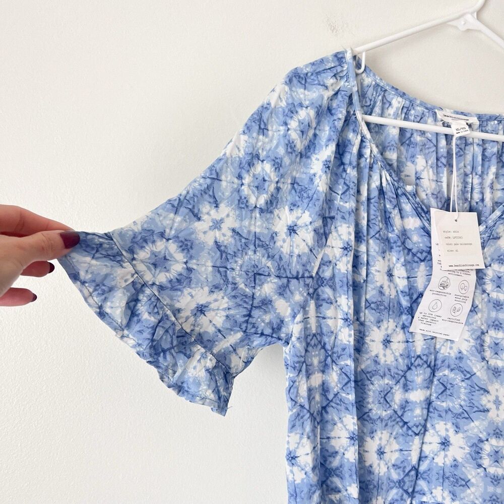 Beach Lunch Lounge Blue Tie Dye Boho Peasant Blouse XL Flowy Babydoll Top NWT - Picture 4 of 9